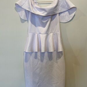 White Midi Dress with Ruffled Peplum and Flutter Sleeves for Cocktail